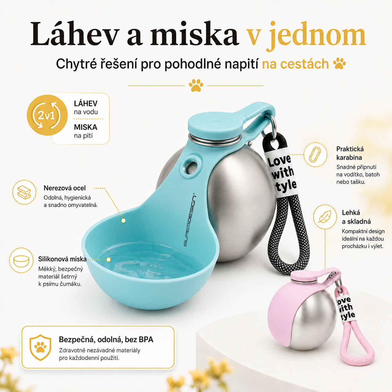 Pawlio™ Cestovní lahev pro psy | Láhev a miska v jednom | Nerez 304 | BPA Free